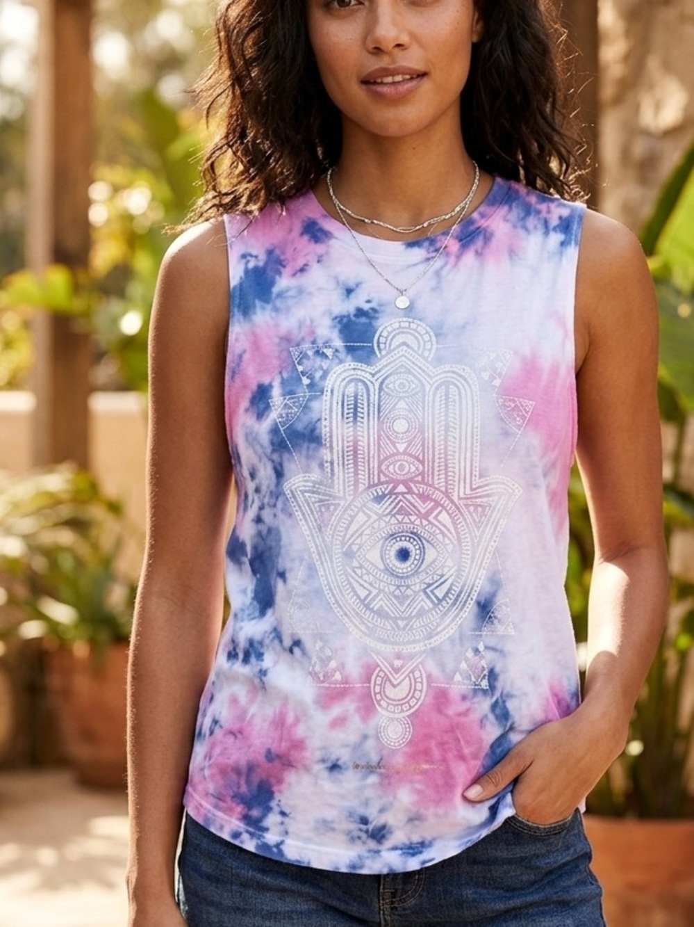 Spiritual gangster Pink & Blue Tie-Dye Hamsa Tank